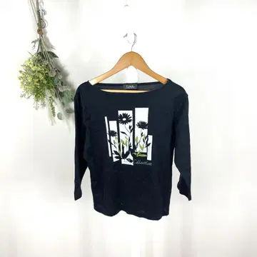 T0989 LINA CHIC 롱 T 블랙 꽃 그래픽 7부 소매 미니 M