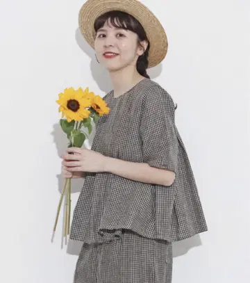 l'atelier du savon 수공예 자수 깅엄 린넨 턱 블라우스
