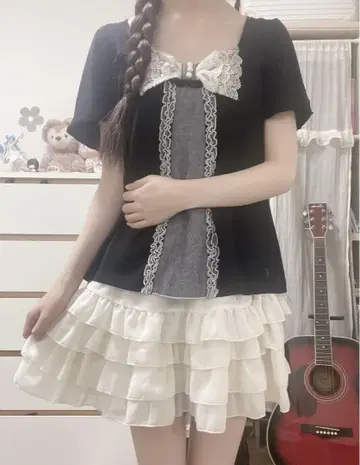 페어리 그런지 레트로 다크 코케트 리본 프릴 상의 튜닉
