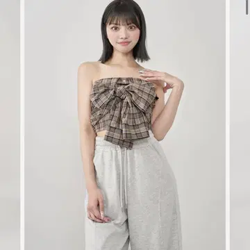 다리치 타탄 체크 리본 베어 탑