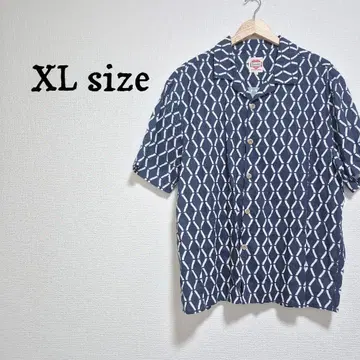 karaku 카라쿠 인디고 염색 코튼 린넨 기하학 패턴 알로하 셔츠 XL