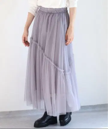 Cepo 세포 그레이 튤 플레어 롱 스커트