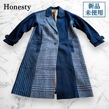 미사용품 Honesty 스트라이프 패턴 체스터 코트 네이비 울