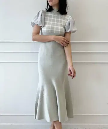 셰퍼드 체크 머메이드 니트 원피스 그린