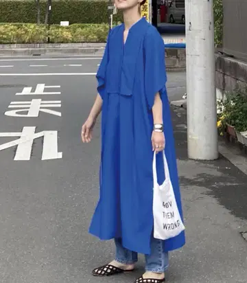 CORNERS 파란색 롱 원피스 7부 소매 허리 리본 포함
