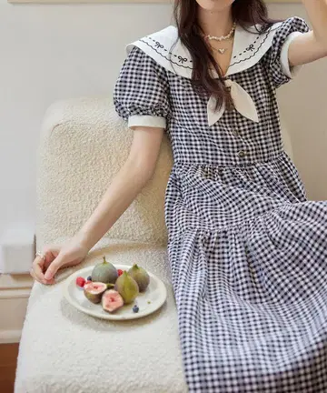 jemiremi 제미레미 세일러 리본 칼라 블록 체크 원피스