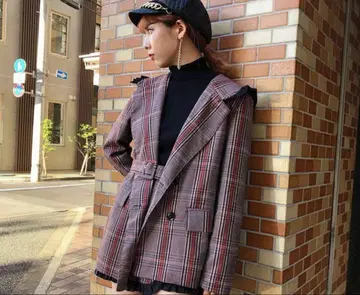 onespo 체크 무늬 셋업 테라드 자켓 프릴 미니 스커트
