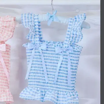 lobulobu 깅엄 체크 프릴 개더 블라우스 blue