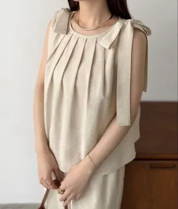 린넨 혼방 어깨 리본 백 오픈 셋업
