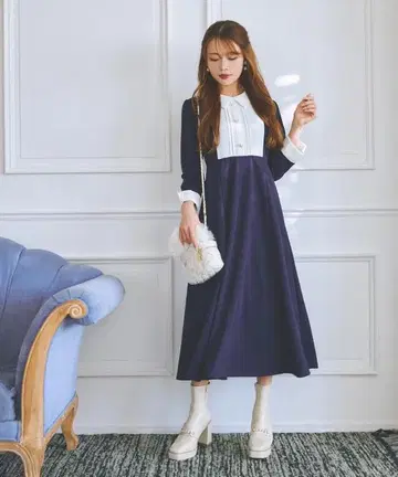 tocco closet 펄 비쥬 장식 단추 요크 절개 배색 원피스