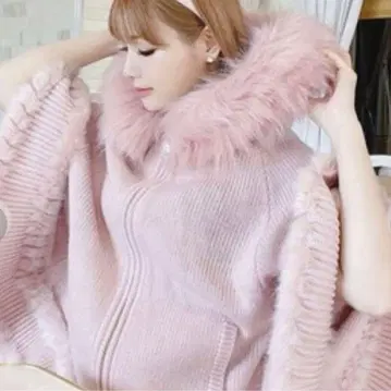 핑크 니트 판초 후드 부착
