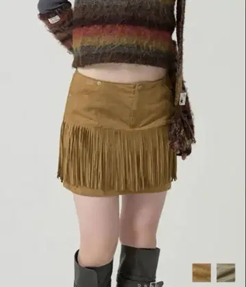 프린지 미니 스커트 카멜