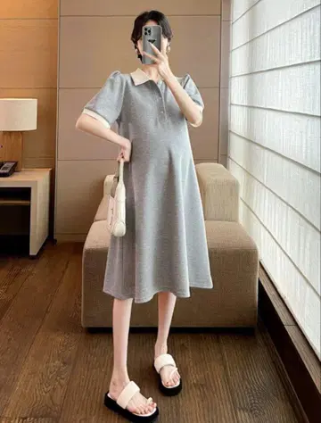 플레어 롱 원피스 그레이 폴로 옷깃 마터니티 한국 패션 심플