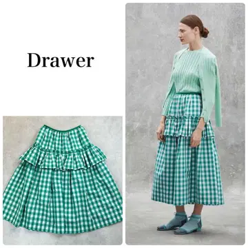 Drawer 드로어 깅엄 체크 프릴 롱 스커트 그린