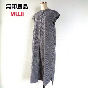 무인양품 MUJI 원피스 프렌치 슬리브 A라인 체크 무늬 코튼