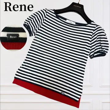 Rene 르네 반팔 썸머 니트 상의 리브 서브마린 보더 36