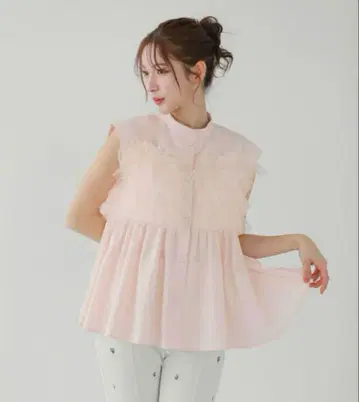 핏모어 Fit more 얇은 명주 그물 도킹 프릴 블라우스 새상품