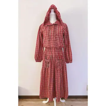 PINK HOUSE 체크 롱 원피스 후드 부착