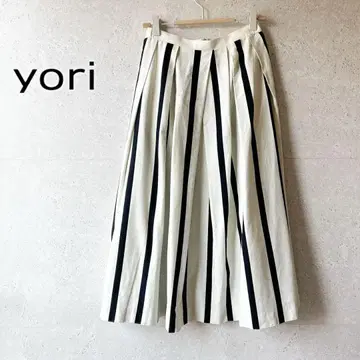yori 요리 턱 플리츠 플레어 스커트 스트라이프 코튼