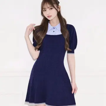 apres jour 셔츠 레이어드 스타일 니트 미니 원피스 네이비