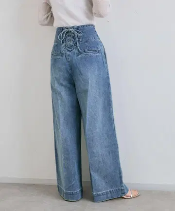 라 부티크 봉봉 백 레이스업 데님 와이드 팬츠 38 블루
