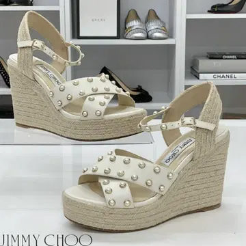 JIMMY CHOO 화이트 펄 에스파드리유 웨지솔 샌들