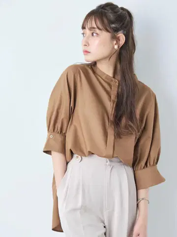COHINA 와이드 커프스 백 테일 셔츠 브라운 코히나