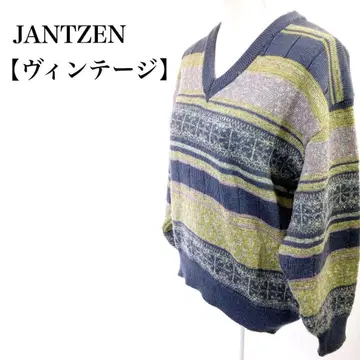 JANTZEN 빈티지 울 95% V넥 올 패턴 보더 니트