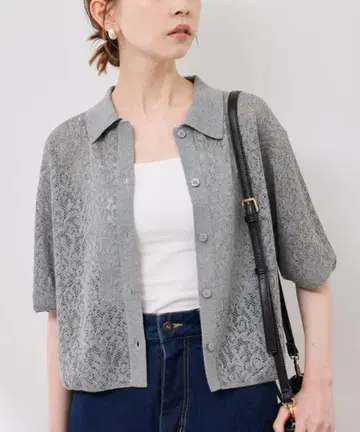 로페피크닉 레이스 카라 부착 가디건 그레이