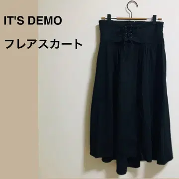 IT'S DEMO 스커트 블랙 허리 레이스업 플레어 스커트