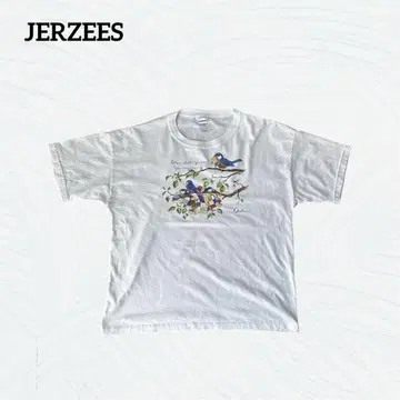 90s 작은 새 패턴 JERZEES 화이트 티셔츠 XL 사이즈 코튼 폴리