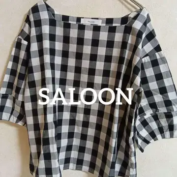 미품 SALOON 살룬 체크 무늬 반팔 블라우스 38 벌룬 소매