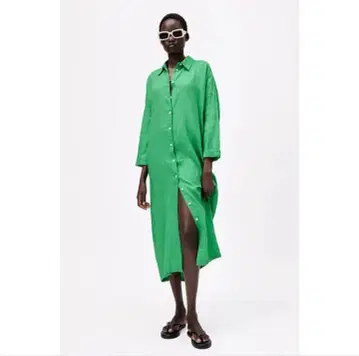 ZARA 자라 셔츠 원피스 롱 원피스 린넨 겉옷 그린 M