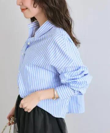 La boutique BonBon 스트라이프 크롭 셔츠 색스 블루