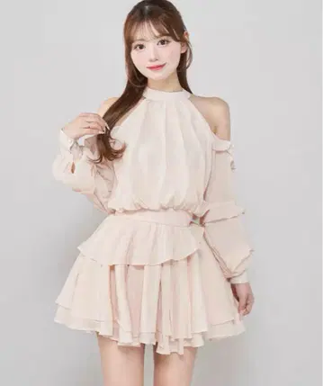 Darich 다리치 볼륨 쉬폰 미니 원피스 핑크 베이지