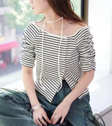 오프숄더 골지 5부 소매 티셔츠 카스타네 kasutane