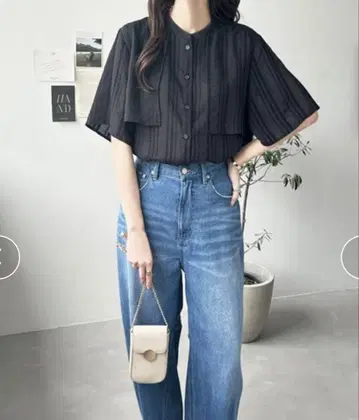스트라이프 자카드 밴드 카라 케이프 셔츠 블라우스