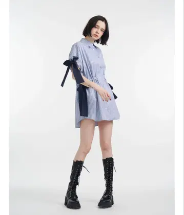 허리 리본 튜닉 스트라이프 셔츠 쥬에티