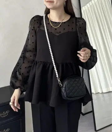 시어 도트 하트 넥 뷔스티에 도킹 페플럼 블라우스