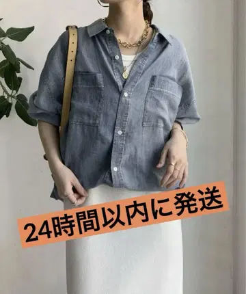 DouDou 소매 리브 시어 데님 셔츠 색스 블루