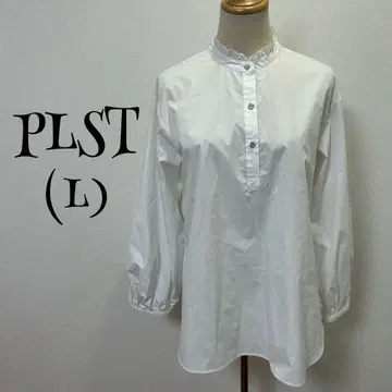 PLST 플라스테(L) 블라우스/화이트/긴팔/프릴 넥/비쥬 버튼