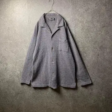 vintage 얇은 원단 자켓 구제 의류 네이비 체크 무늬 오픈 카라