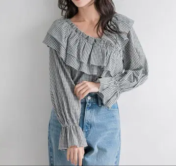 로리즈팜 아지메 프릴 개더 블라우스 깅엄 체크 이번 시즌 신상