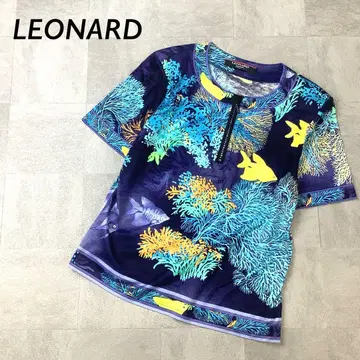 미품 LEONARD 하프 지퍼 물고기 패턴 컷소 반팔 네이비