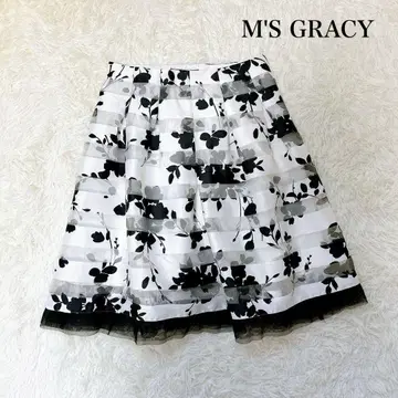 M'SGRACY 흑백 꽃무늬 오간자 플레어 스커트