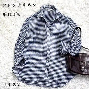 새상품급 프렌치 린넨 깅엄 체크 블라우스 셔츠 린넨 100% 블루