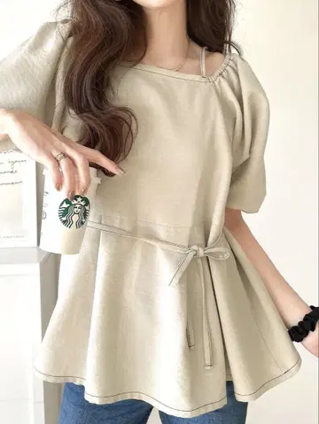 2way 배색 스티치 페플럼 블라우스 (반팔)  베이지 XL
