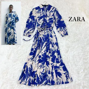 ZARA 보타니컬 블루 화이트 허리 리본 롱 원피스