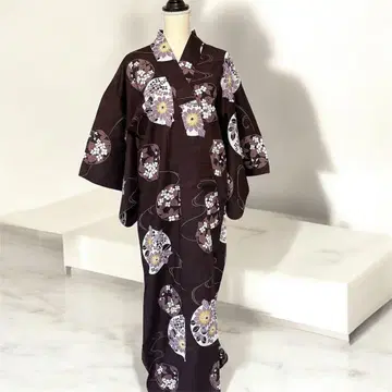 유카타 단품 꽃무늬 면100% 일본풍 패턴 여름 팥색 클리닝 완료