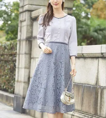 토코 클로젯 펄 장식 턱이 있는 레이스 절개 바이컬러 원피스